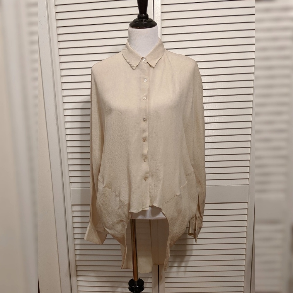 Textured Sheer Silk High Low Button Down Blouse